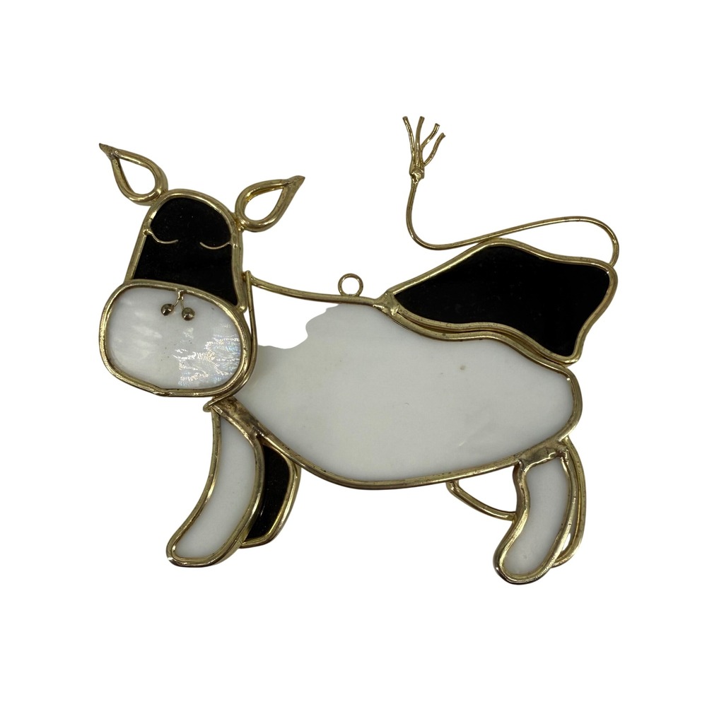 Vintage Stained Glass Cow Suncatcher Black White Farmhouse Window Decor
